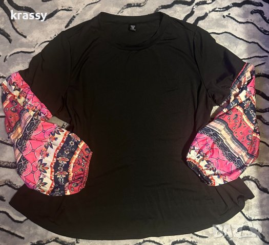 Страхотна голяма дамска блуза с цветни ръкави (размер 2ХЛ), снимка 1 - Блузи с дълъг ръкав и пуловери - 43245552