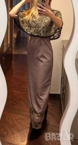 Елегантна рокля в кафяво и златно, снимка 4 - Рокли - 53470786