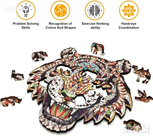 Дървен пъзел животни ГЛАВА НА ТИГЪР / А4 формат Размер М / 27 МОДЕЛА, снимка 4 - Игри и пъзели - 43288264