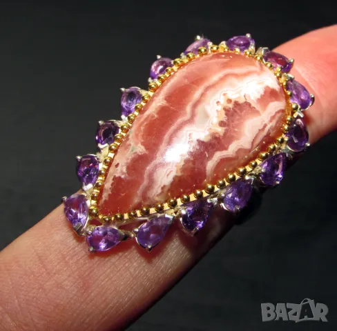 925 сребърен пръстен с родохрозит, камък 31x17мм, снимка 4 - Подаръци за жени - 49533144