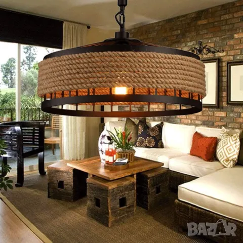 Конопено въже Индустриален стил Ретро лампа Висяща лампа Висящ тип Кръгла клетка Желязо E27 Полилей , снимка 4 - Лампи за таван - 34013296