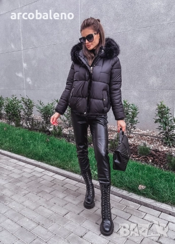 Черно дамско ватирано яке с кожа , снимка 9 - Якета - 52154523