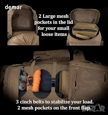 75 литра тактическа раница с вътрешна рамка, MOLLE и хидратираща система за къмпинг, лов, туризъм, снимка 3 - Раници - 50042338