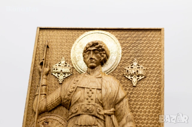 Позлатена релефна икона Свети Георги Победоносец от дъб, снимка 7 - Икони - 53223744