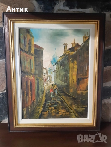 Красива Стара Картина Уличен Пейзаж Живопис Маслени Бои Дървена Рамка, снимка 11 - Антикварни и старинни предмети - 52566487