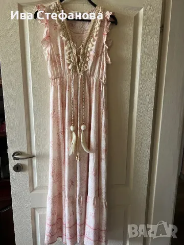 Разкошна дълга  ежедневна елегантна лятна плажна рокля бохо стил 100 % вискоза с акцент пера, снимка 3 - Туники - 50163044