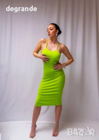Електриково зелена дълга рокля с връзки, снимка 6 - Рокли - 50904822