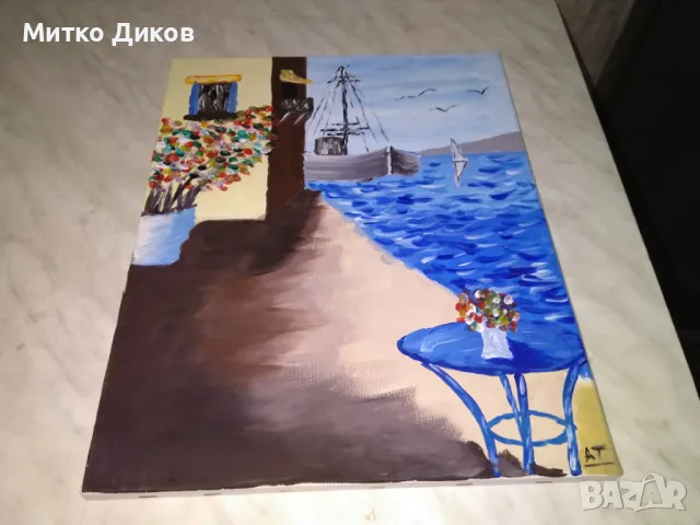 Картина пейзаж акрилни бои Кораб в морето 33х47см, снимка 3 - Декорация за дома - 50303409