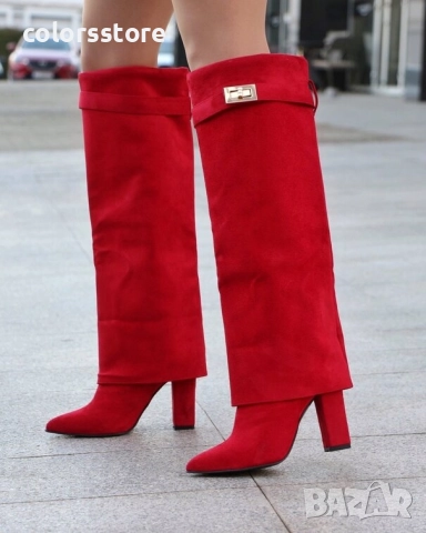 Ботуши на ток - червен велур - KD105, снимка 2 - Дамски ботуши - 49380930