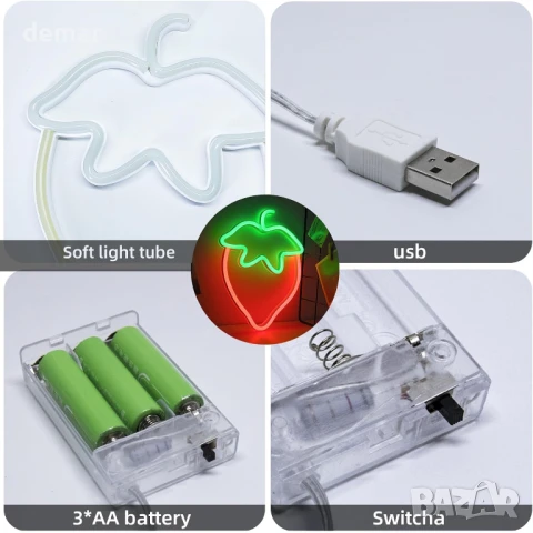 WIOSOUL LED Неонова табела с форма на ягода, 18,5x25 см, батерии или USB, снимка 6 - Лед осветление - 51189124