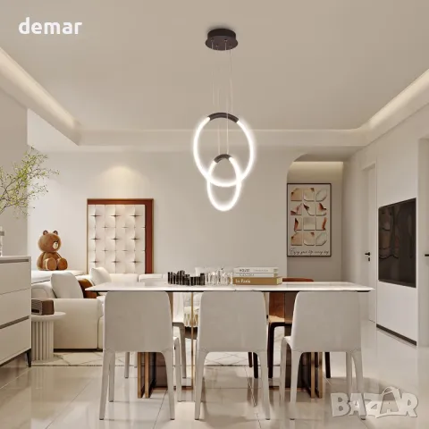 LED полилей Surpars House, модерна таванна лампа, 2 пръстена, регулируеми по височина, снимка 3 - Полилеи - 49709580