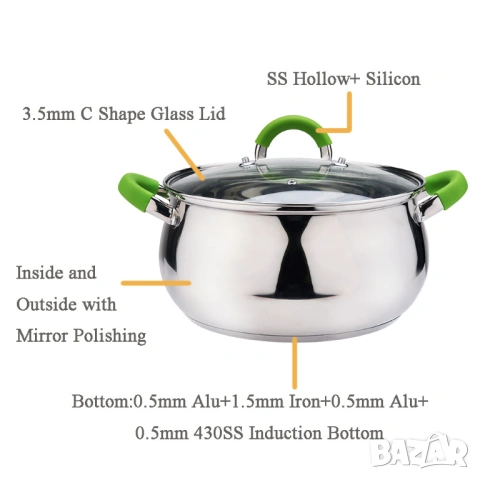 Комплект тенджери Swissgold Alana – 3 броя с капак от неръждаема стомана с 5-слойно капсулно дъно, снимка 3 - Съдове за готвене - 53052862