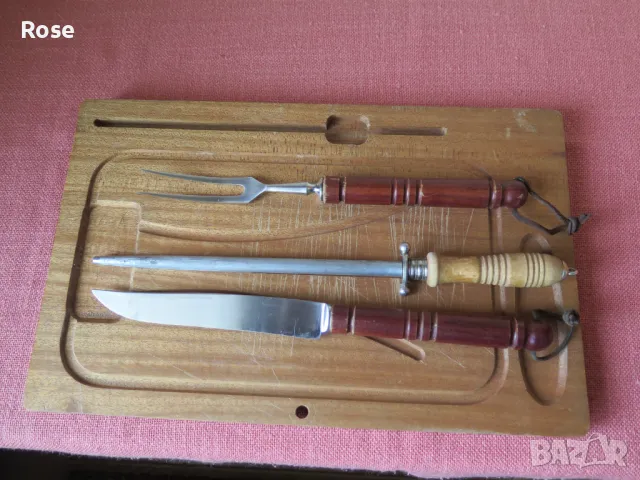 Нож и вилица,масат Солинген ,ЗА СКАРА,БАРБЕКЮ,дъска за рязане -тиково дърво