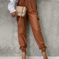 Дамски кожени панталони с прав крачол с прав ластик на талията, 2цвята, снимка 2 - Панталони - 43718611