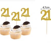цифри 21 години рожден ден мек брокат златист топер къса клечка за украса мъфини торта, снимка 1 - Други - 33404238