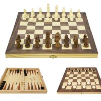 3 в 1 - Шах, дама и табла, Размери 32x32 см, Дървена шахматна дъска, снимка 1 - Шах и табла - 43209205