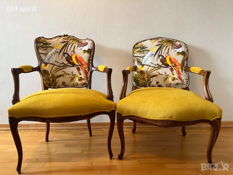 Двойка антикварни кресла ТРОПИКАНА в стил Луи XV, обновени с жизнерадостни папагали, снимка 1