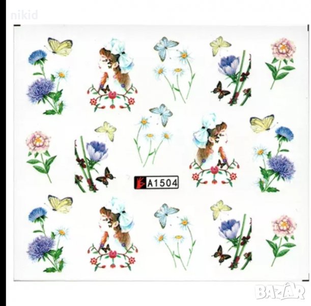 1504 момиче с цветя и пеперуди  татос слайдер ваденки водни стикери за нокти маникюр, снимка 1
