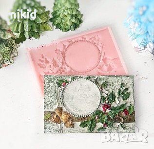 Коледна рамка картичка с кръг табела за надпис силиконов молд форма декорация и украса фондан, снимка 1