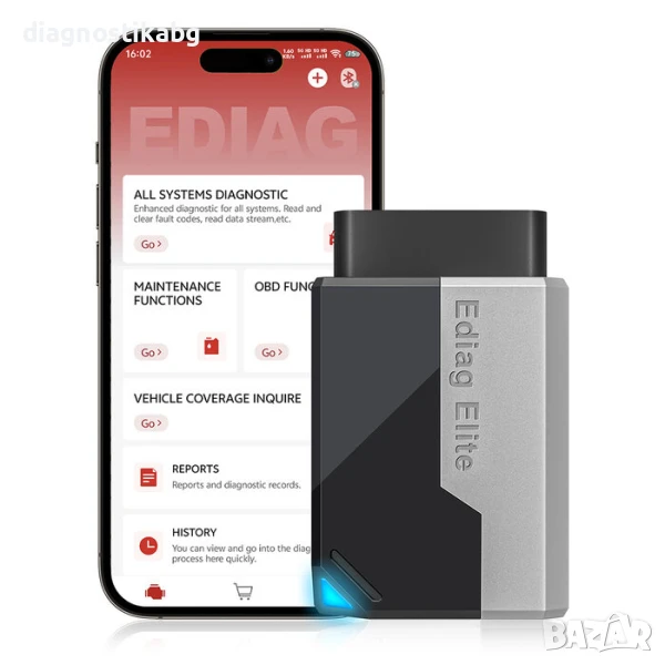 (НОВО 2025г.) Ediag Elite за пълна OBD2 диагностика с доживотен лиценз и 15 сервизни функции!, снимка 1