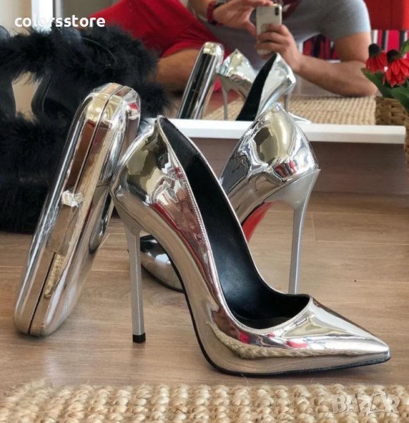 Обувки на ток - сребрист лак със сребрист ток - 6060, снимка 1