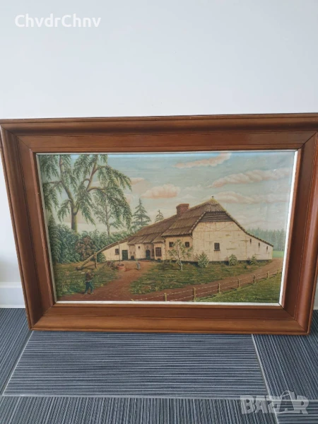 76х56см ферма/голяма картина масло върху платно/къща-хора-кладенец/дървена рамка, снимка 1