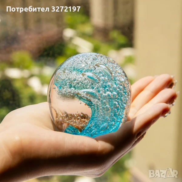 3Д Кристално преспапие, ръчно издухан син океански декор, снимка 1