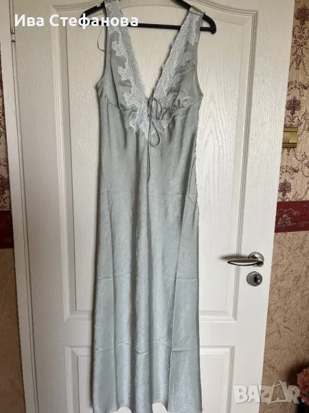 Уникална сатен сатенена нова дълга елегантна светло ментово зелена рокля тип комбинизон дантела , снимка 1