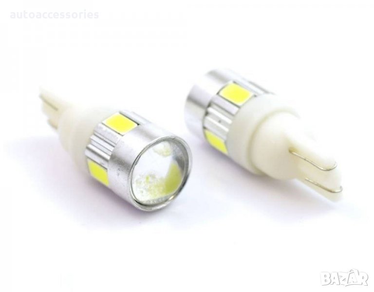 Автомобилни LED крушки W5W T10 6 SMD 5630 с лупа 2броя, #1000053054, снимка 1