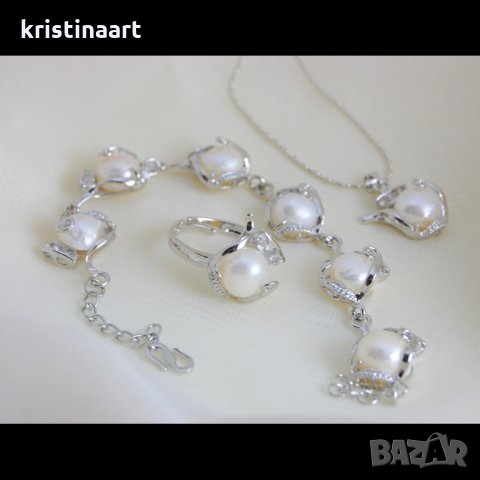 Комплект от пет части бели перли*Елза*, снимка 3 - Бижутерийни комплекти - 32262884