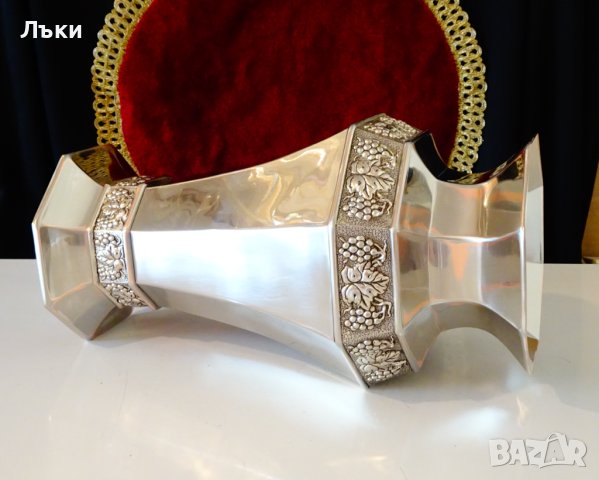 Посребрена медна ваза 1.2 кг.,28 см.,лози,грозде., снимка 6 - Вази - 42936533
