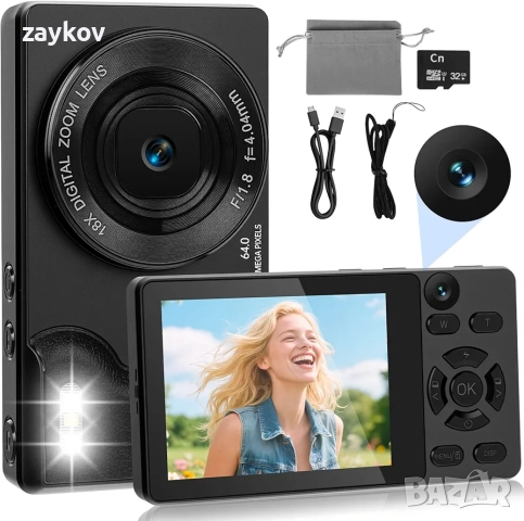 4K 64MP цифров фотоапарат с две камери, предна и задна камера с автофокус, компактна влог камера