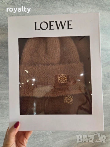 Loewe Дамски Комплект Шапка + Шал Кафяв Най-Висок Клас 