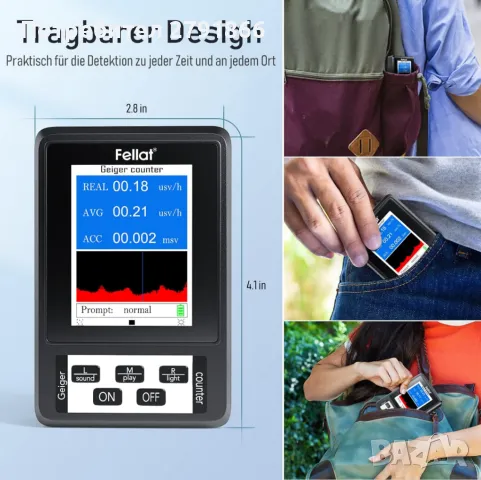 Гайгеров брояч, детектор за ядрена радиация FELLAT, преносим цифров дозиметър, високочувствителен, снимка 6 - Друга електроника - 49556762