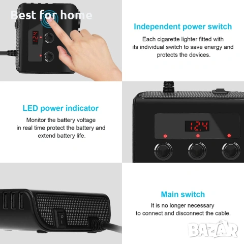  Kingwei адаптер за зареждане за запалка, 4 USB порта, превключвател за iPhone, iPad и др, снимка 4 - Друга електроника - 53536629