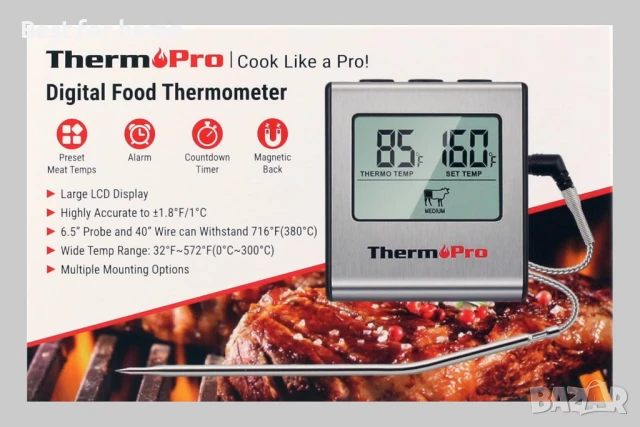 ThermoPro TP16 Цифров кухненски термометър за месо  с таймер и аларма, снимка 8 - Други - 50810196