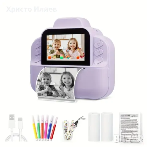 Детски фотоапарат за моментни снимки с дисплей мини термален Принтер с хартия комплект Лилав, снимка 2 - Други - 49846744