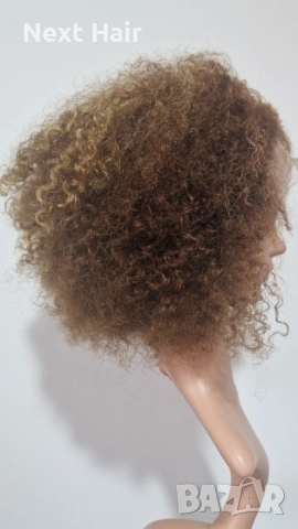 Къса естествена афро перука с обем - кафява с руси кичури | Lace Front 13x4, снимка 4 - Аксесоари за коса - 53287354
