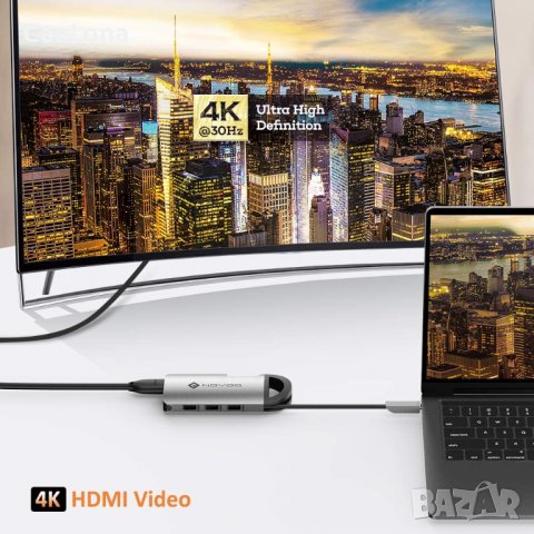 NOVOO USB C хъб 8 в 1, алуминиев корпус, HDMI 4K, 3 USB 3.0, Gigabit Ethernet 1000Mbps, PD Type C, S, снимка 7 - Други - 35381194