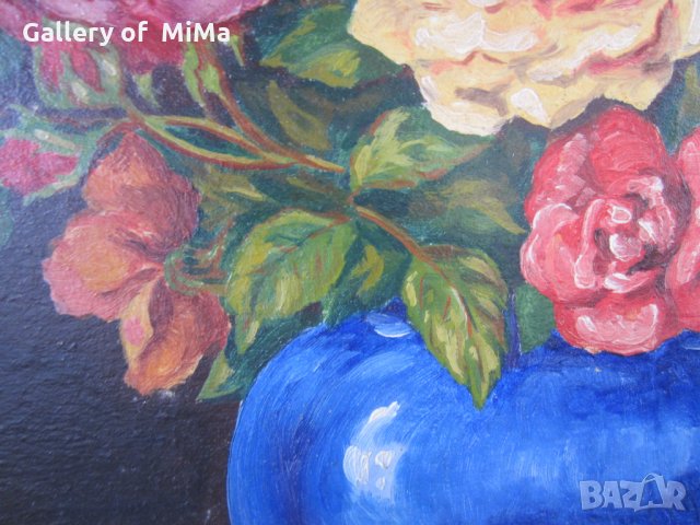 1945 Натюрморт цветя /рози в синя ваза, голяма картина, снимка 3 - Картини - 28888697