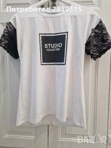 Спортно-елегантна дамска тениска - бяла с черна щампа и пайети, размер S, снимка 6 - Тениски - 52155903