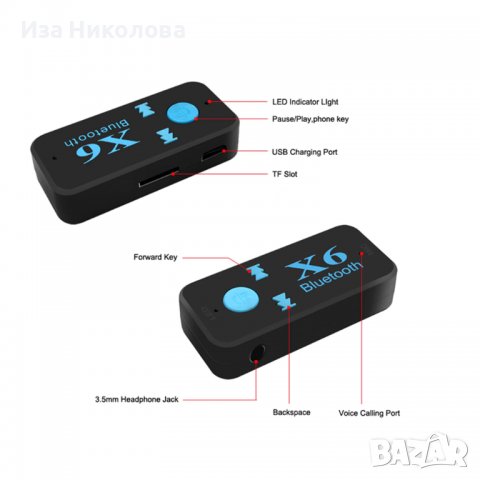 X6 Bluetooth приемник за кола или други AUX букси, снимка 8 - Аксесоари и консумативи - 38527718