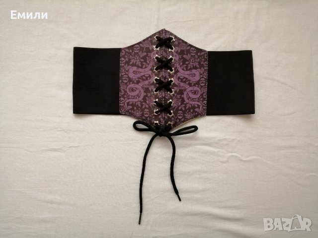 Черен корсет колан за талия с връзки в лилав/розов принт черепи, рози и змии , снимка 4 - Корсети, бюстиета, топове - 43330587