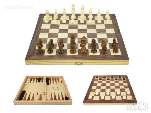 3 в 1 - Шах, дама и табла, Размери 35x35 см, Дървена шахматна дъска