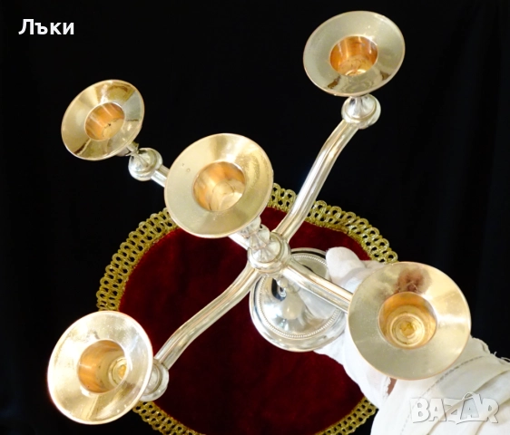 Посребрен свещник петица,чиста мед,21 см. , снимка 5 - Антикварни и старинни предмети - 52067330