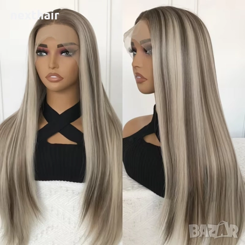 Елегантна 85 см права руса перука с кафяви акценти 13×4 дантела, снимка 6 - Аксесоари за коса - 52945377