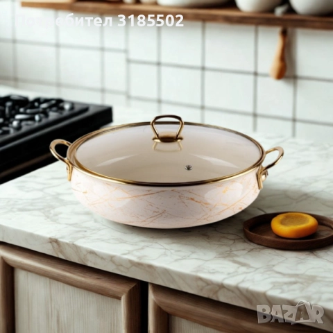 Тенджера Goldmann 24x8см. 3.2л./ 26x8.5см. 4л. Плитка. Емайл. Индукция. Бял/Старо злато, снимка 6 - Съдове за готвене - 51500692