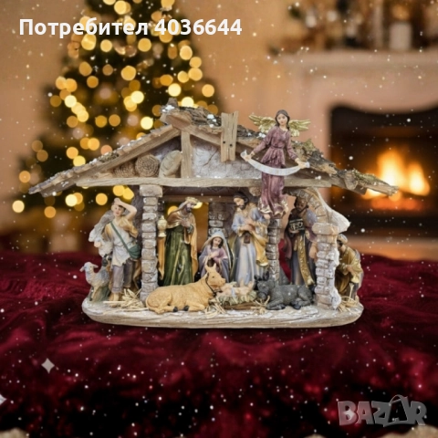 Декоративна сцена на Рождество с дървена постройка и фигурки – Светото семейство и ангел GLORIA, снимка 2 - Декорация за дома - 52045370