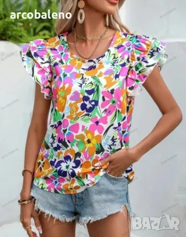 Дамска лятна модна двуслойна риза с къс ръкав с флорален принт, 4цвята , снимка 6 - Ризи - 40394598