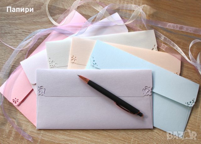 Перлени пликове за покани, писма, картички. Нежни пастелни цветове пликове, снимка 6 - Покани - 39377824